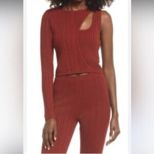 Open Edit 2 Pc Burgundy Ribbed Knit Asymmetrical Cutout Top And Pants Size L